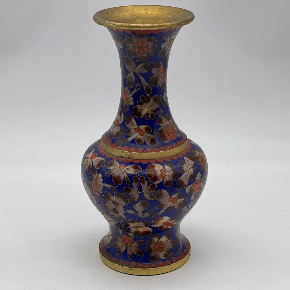 Cloisonné Vase Enameled Blue Orange Floral 8
